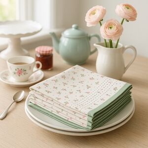 Cath Kidston “Spring” 4pc Cotton Napkins 18x18 Floral Green Border NWT